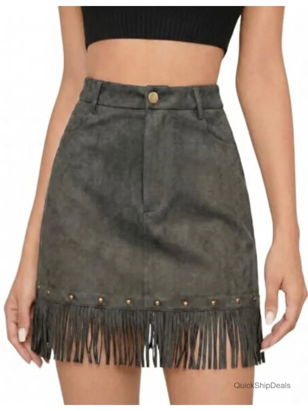 Faux Suede Fringe Mini Skirt with Pockets High Waist Western Tassel A-Line